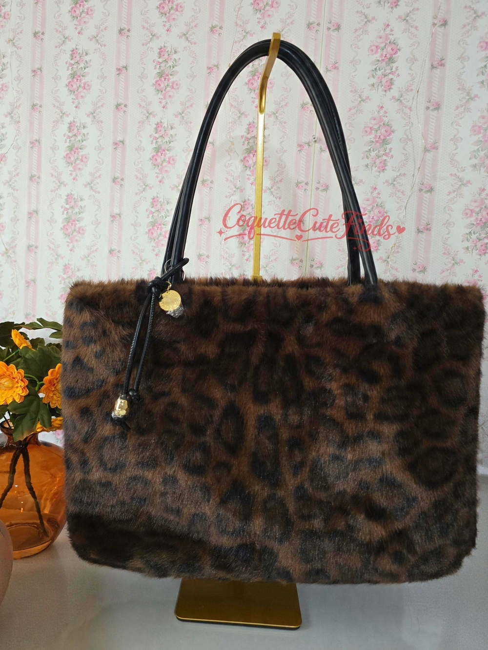 Faux Fur Leopard Tote Bag with Black Handles